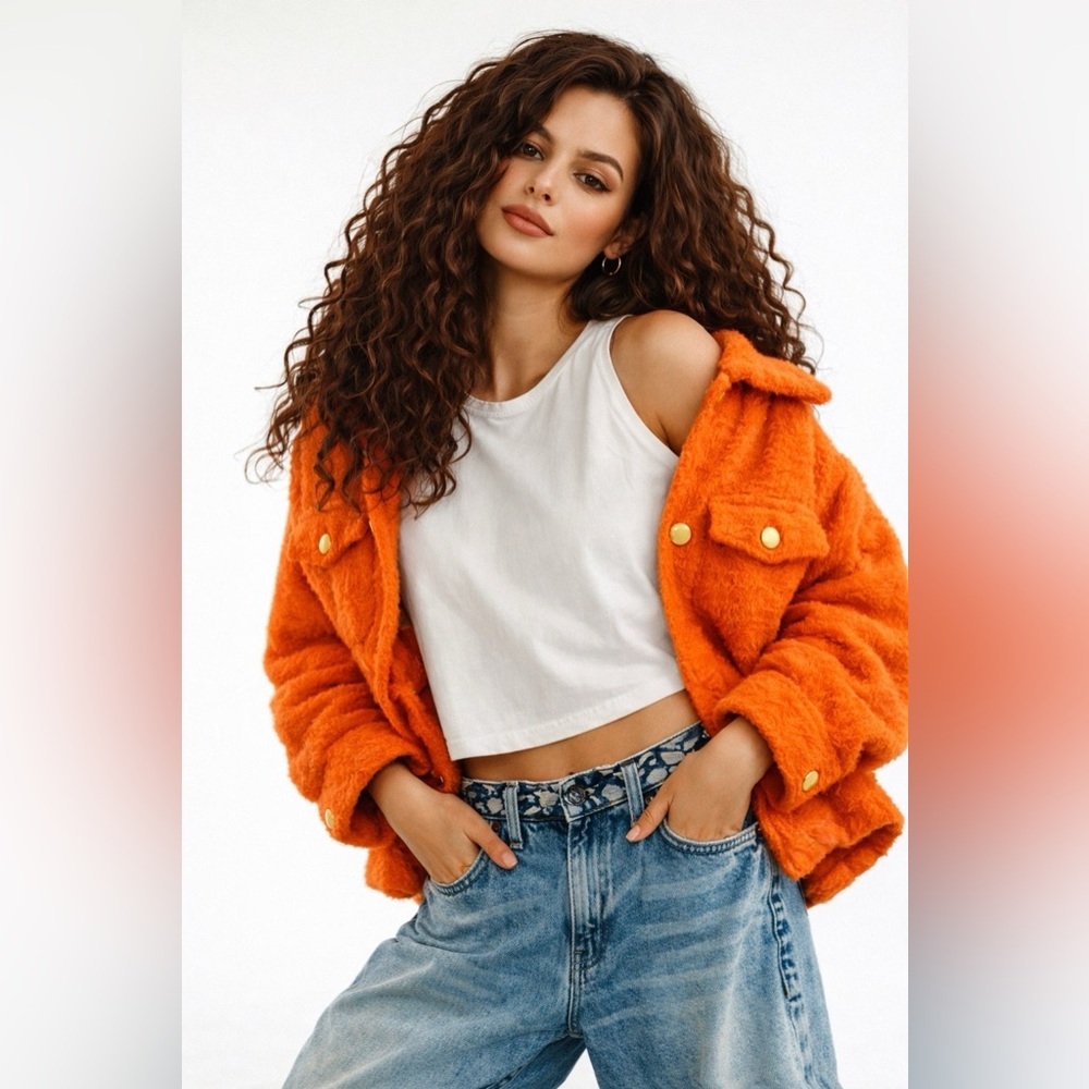 Bucket List Orange Teddy Shacket Jacket Oversized Cozy Button Front Size S